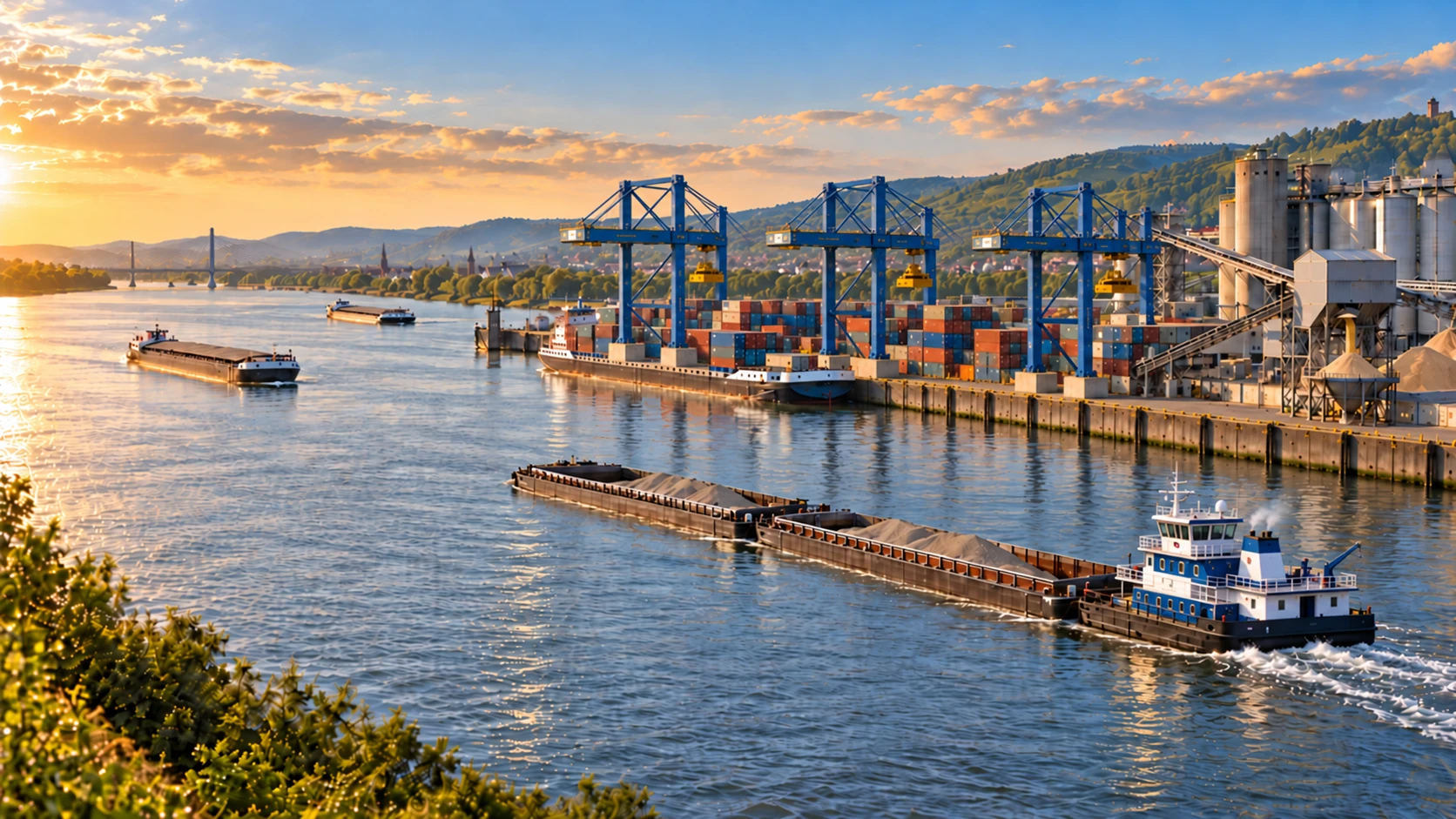Binnenhafen am Rhein mit Containerkränen, Silos, Containerschiff und Schubverband