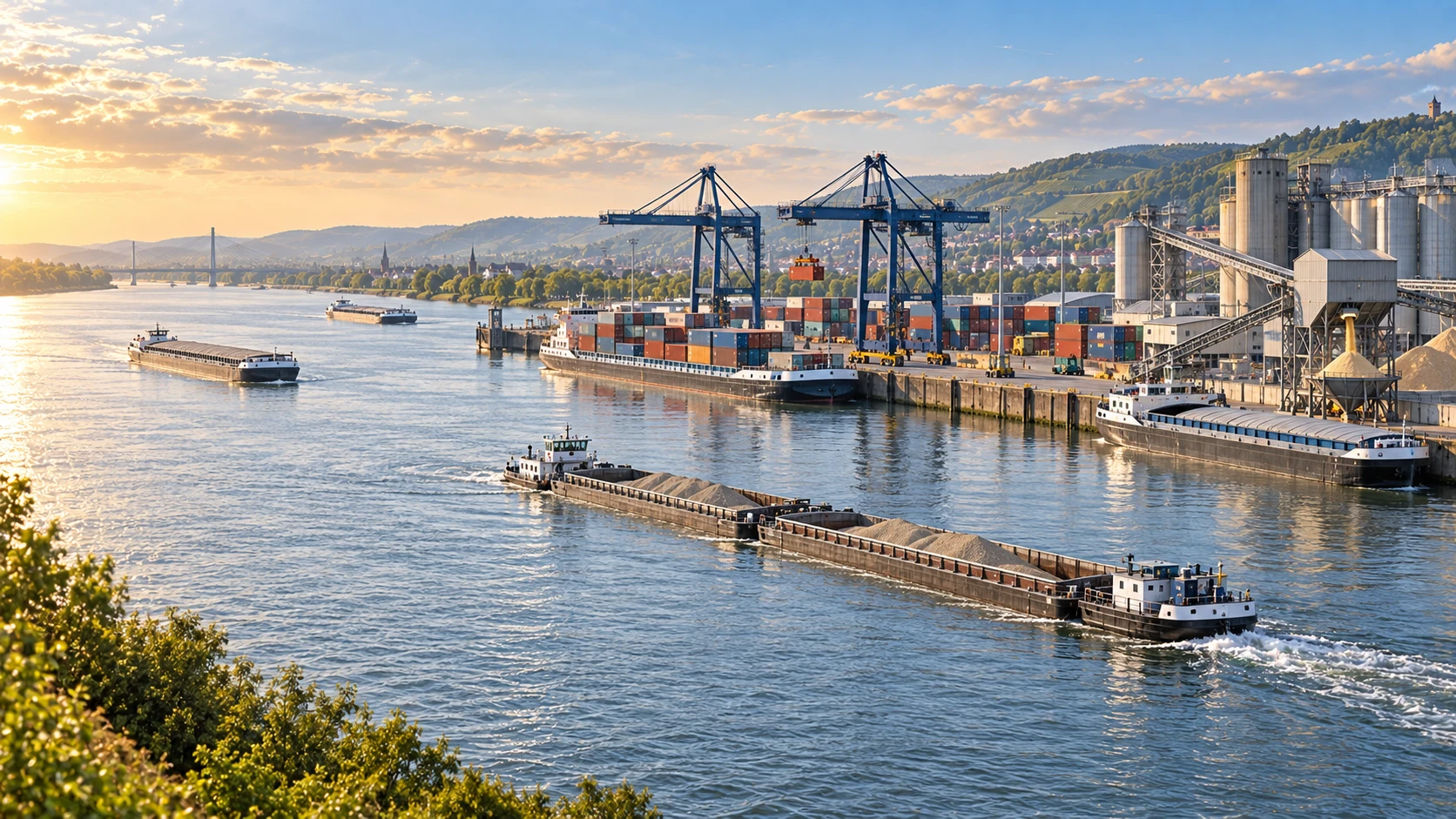 Binnenhafen am Rhein mit Containerkränen, Silos, Containerschiff und Schubverband