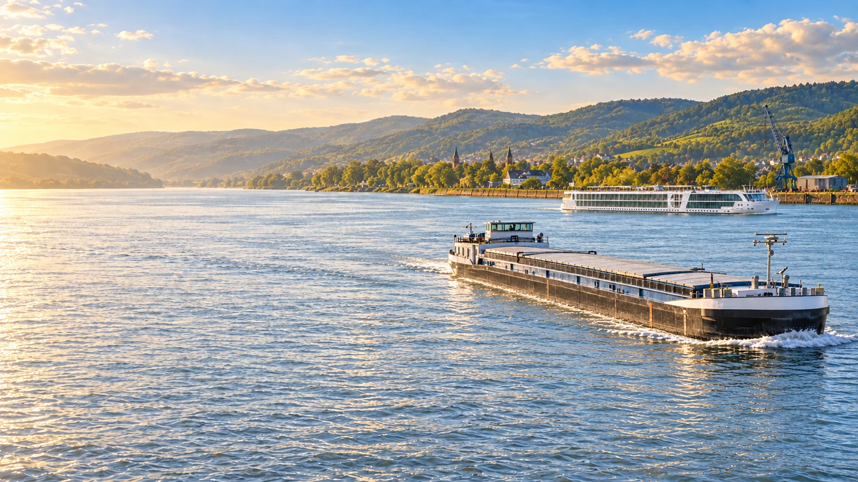 Güterschiff und Flusskreuzfahrtschiff auf dem Rhein im Abendlicht, am Ufer ein Hafenkran