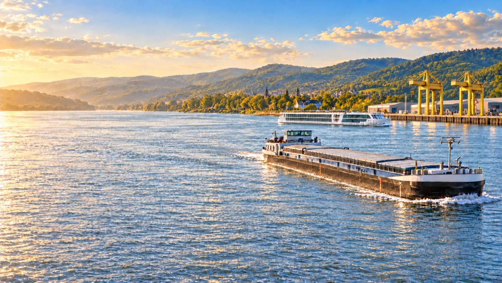 Güterschiff und Flusskreuzfahrtschiff auf dem Rhein im Abendlicht, am Ufer Hafenkräne