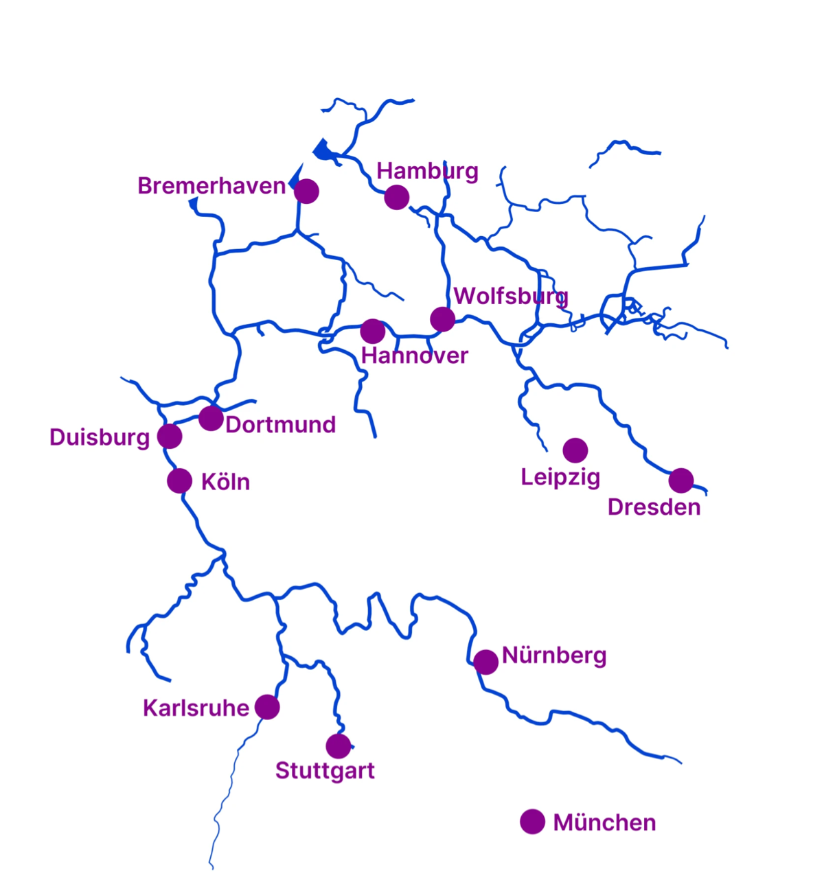 Schematische Karte: Automobilstandorte und Häfen entlang der deutschen Wasserstraßen