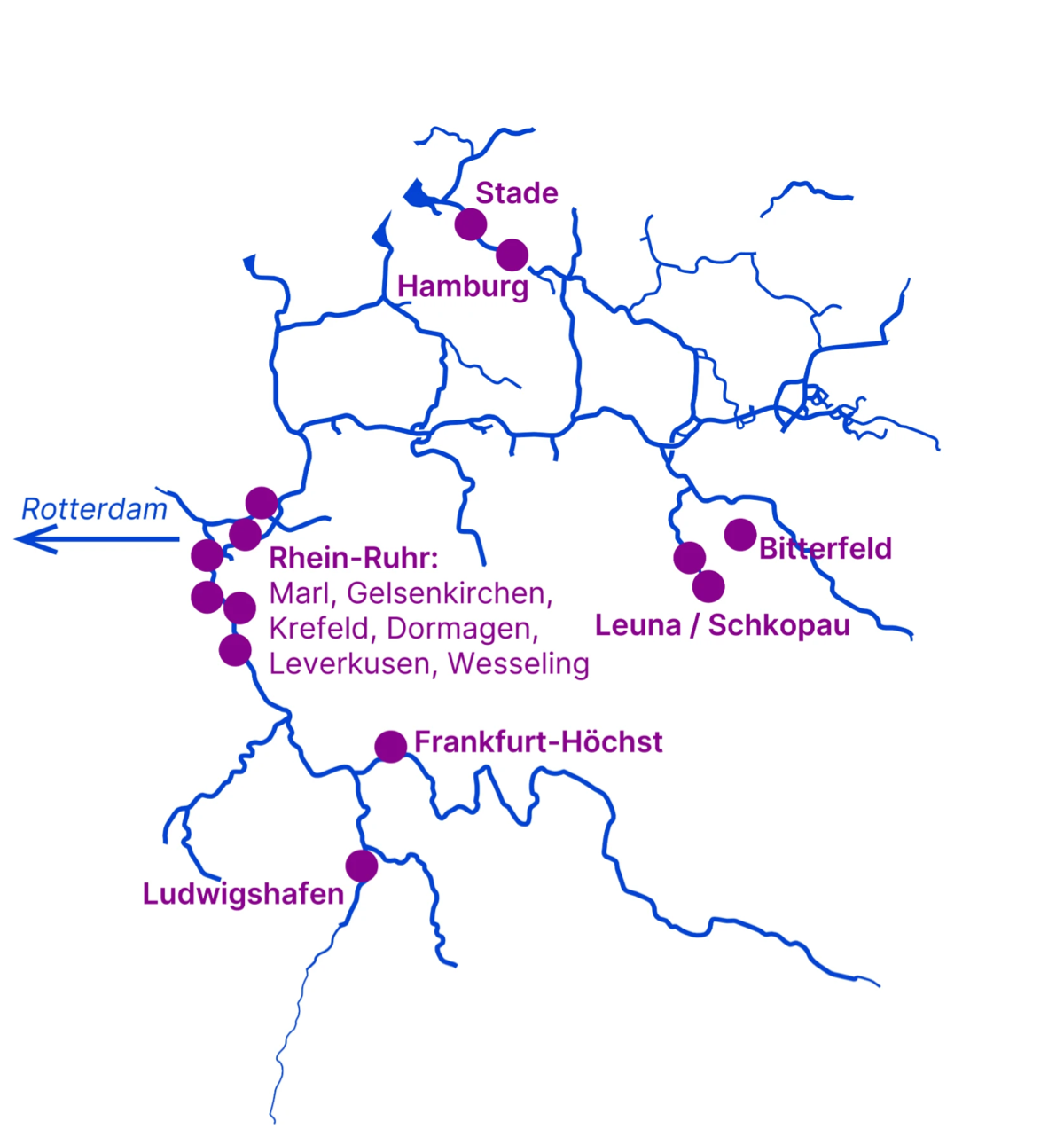 Schematische Karte: Chemiestandorte und Häfen entlang der deutschen Wasserstraßen