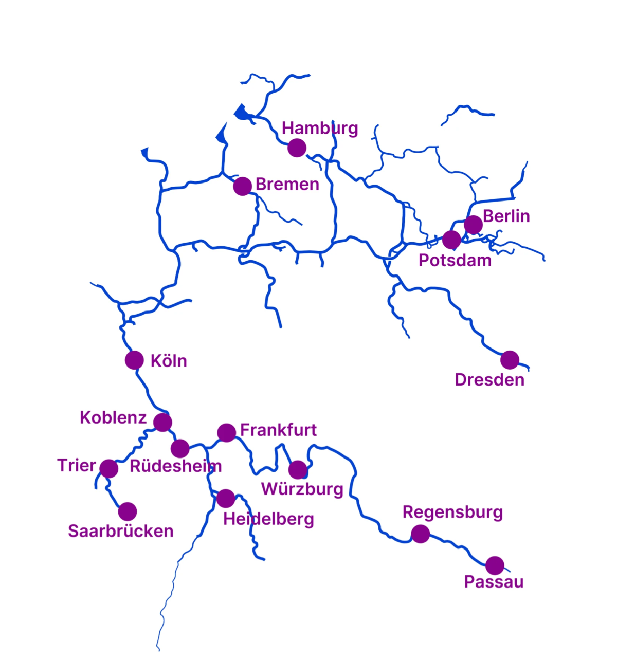 Schematische Karte: touristische Reiseziele und Anleger an Deutschlands Flüssen