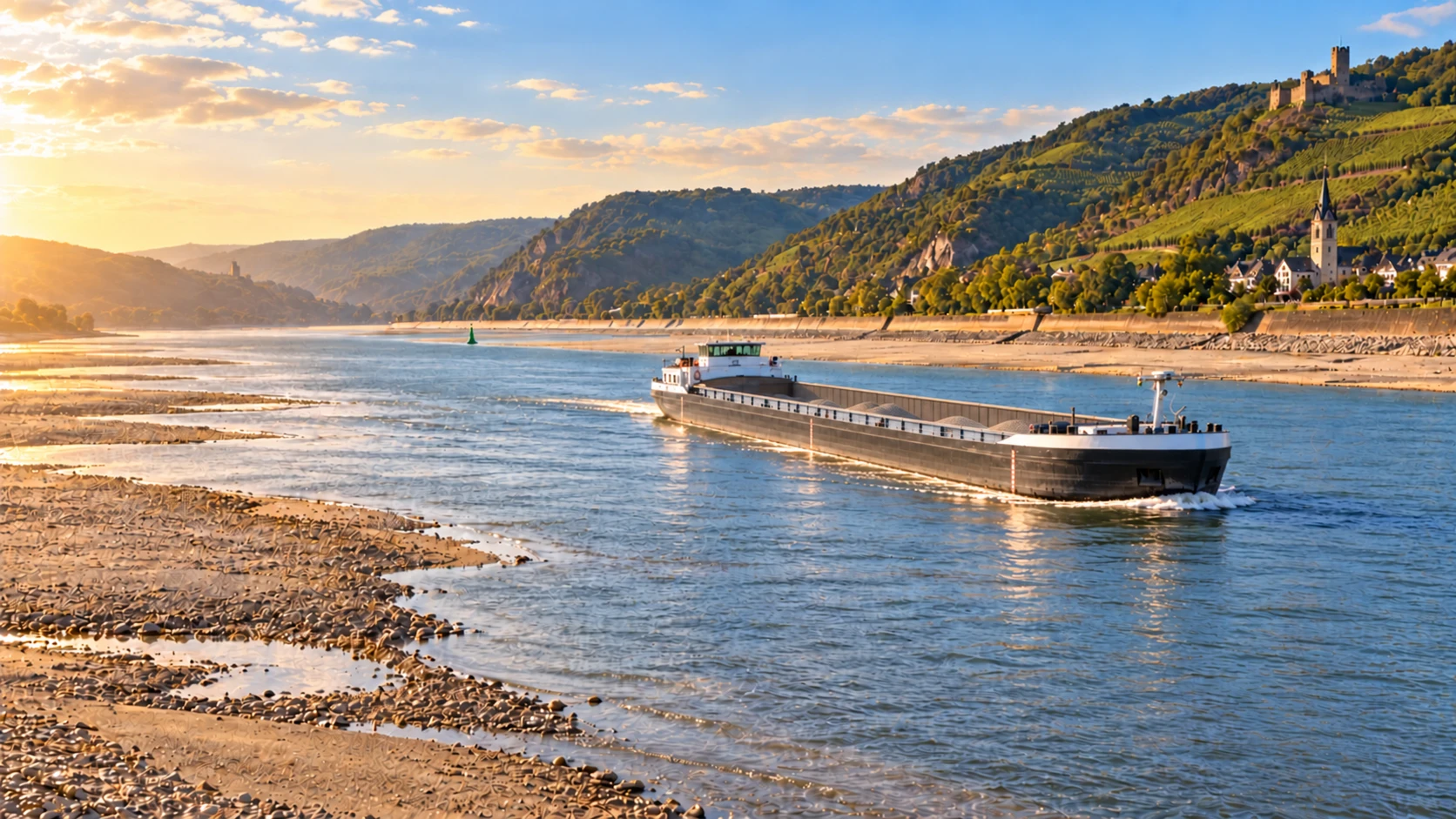Güterschiff im Mittelrheintal bei Niedrigwasser, breite Kiesbänke liegen trocken