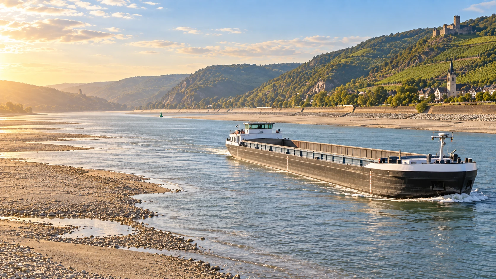 Güterschiff im Mittelrheintal bei Niedrigwasser, breite Kiesbänke liegen trocken