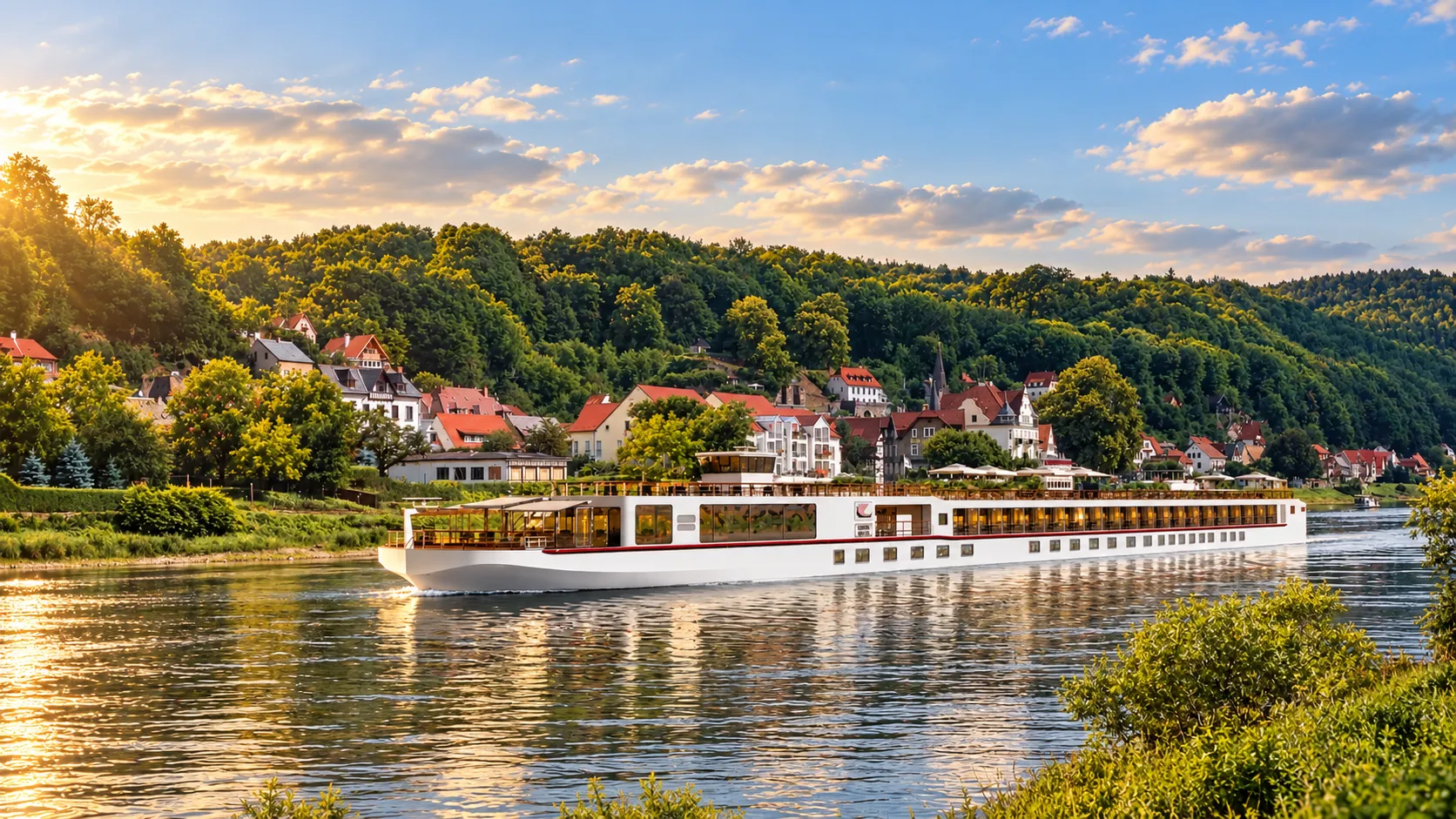 Flusskreuzfahrtschiff vor einer Ortschaft am Flussufer, dahinter bewaldete Hügel im Abendlicht