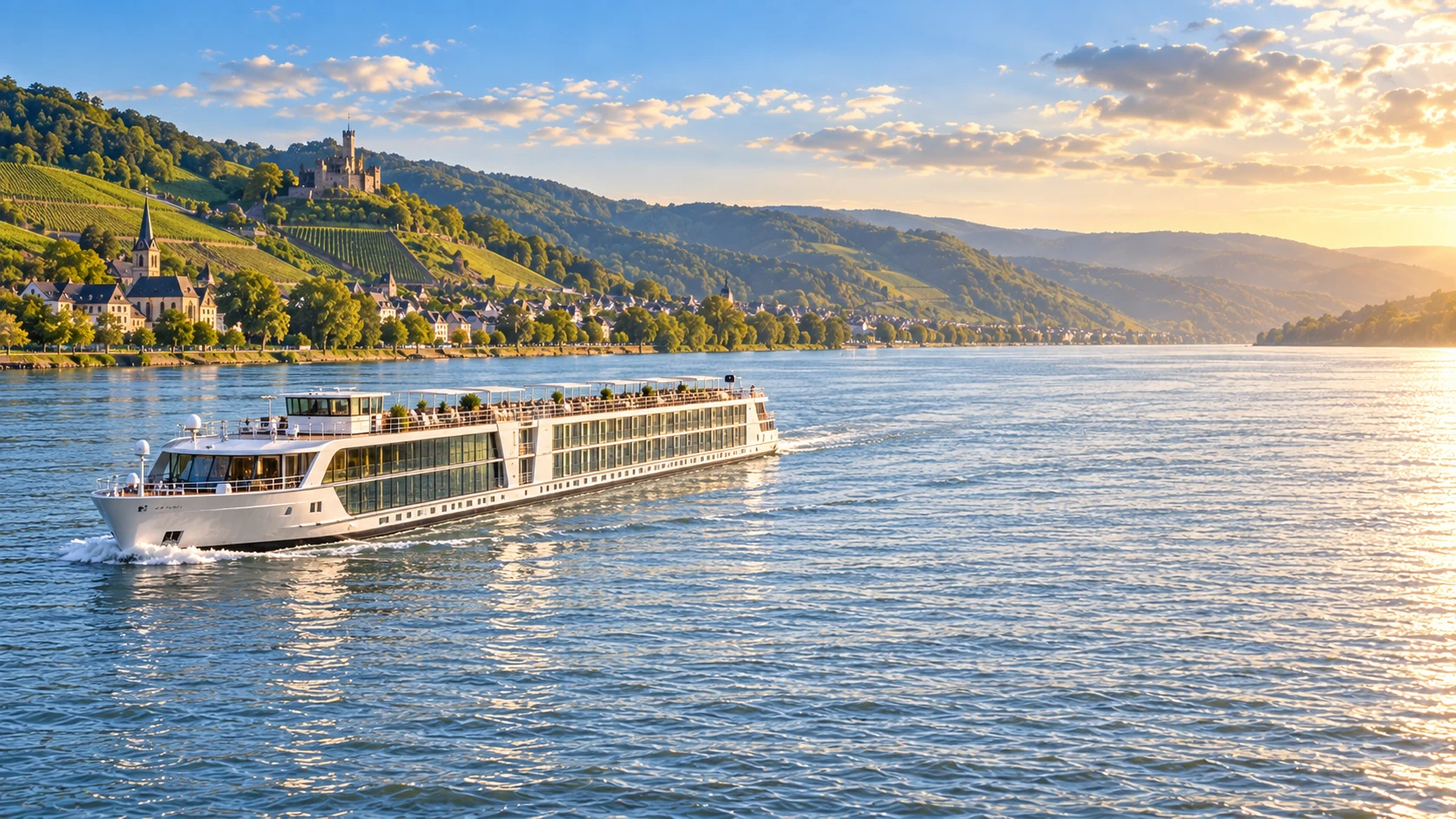 Flusskreuzfahrtschiff im Mittelrheintal, dahinter Weinberge, Burg und Ortschaft