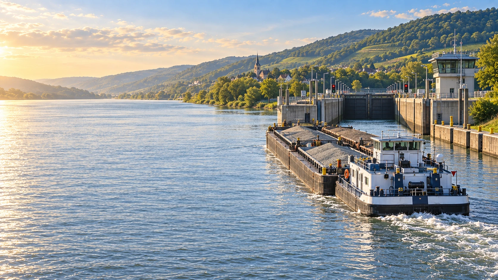 Schubverband mit Schüttgut fährt auf eine Schleuse am Rhein zu